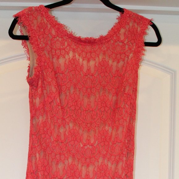 Betsy & Adam Coral/Nude Lace Gown - Picture 3 of 7